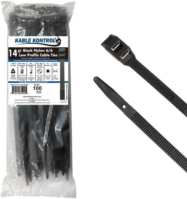 Main image of Low-Profile Cable Ties 14 Inch 100 Pcs, 120 Lbs Test - Black | Double Locking Cable Ties UL Listed Inline Zip Ties - Chemical, UV & Abrasion Resistant Ties for Automotive & Medical Use