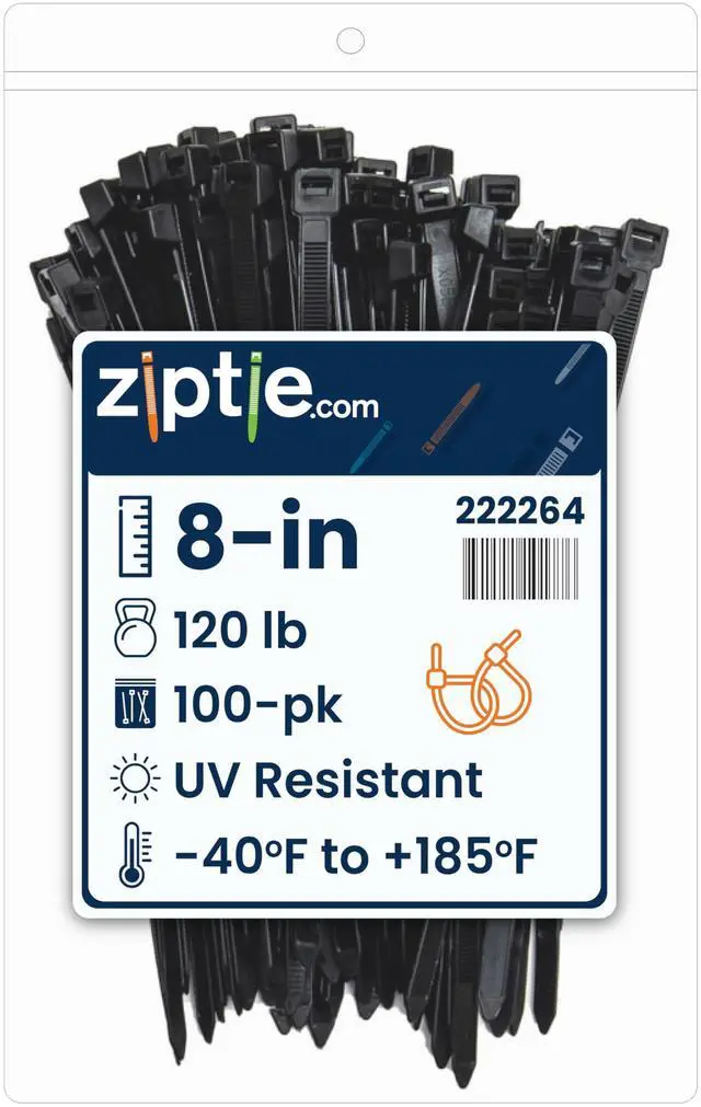 Main image of 8-inch UV Resistant Black Multi-Purpose Zip Tie, 120-lb Tensile Strength, UL 21S Listed, 100-Pack