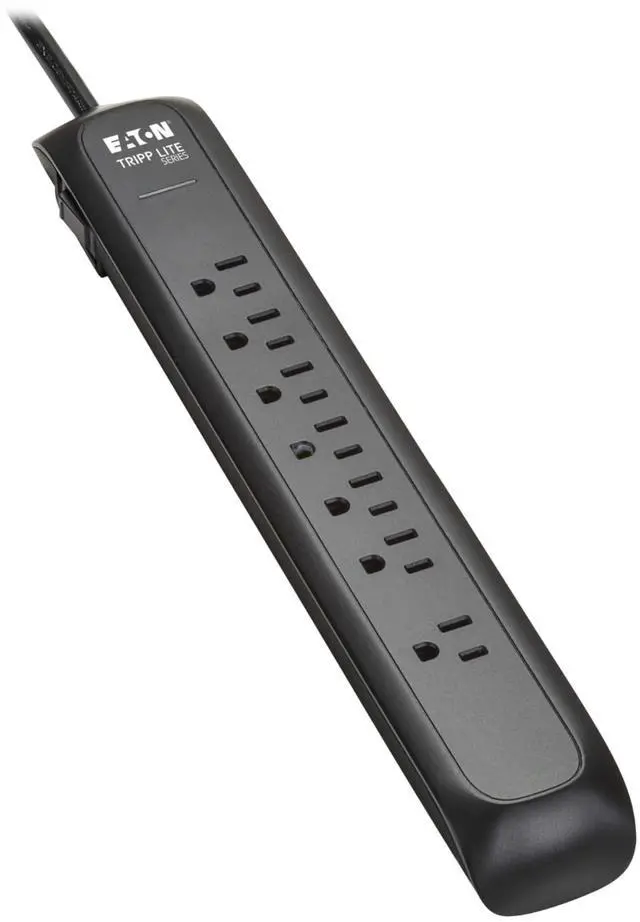 Main image of Eaton Series TLP76B Surge Protector Power Strip with Flat Extension Cord Plug, 7 Outlets, 1500 Joules, 6ft Power Cable, Black, Manufacturer's Liftime & $25,000 Insurance