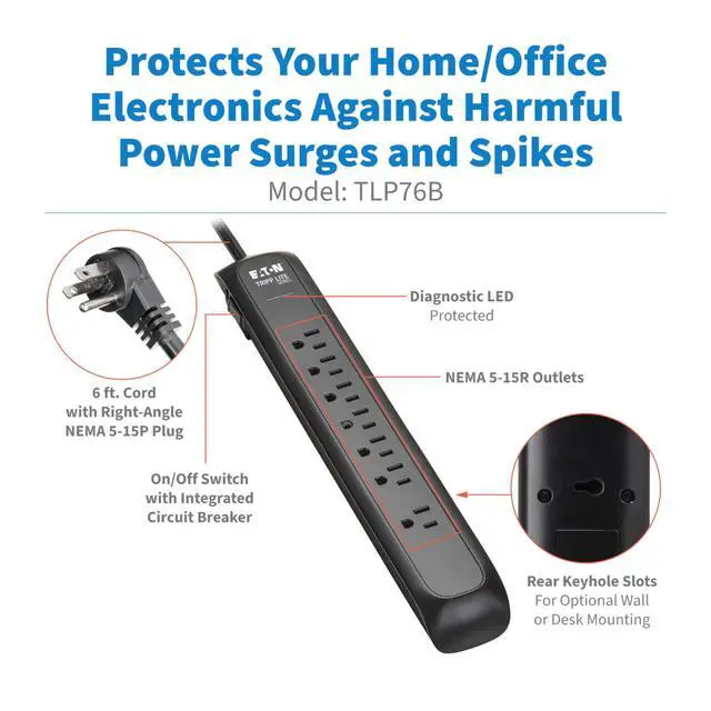Alt view image 2 of 7 - Eaton Series TLP76B Surge Protector Power Strip with Flat Extension Cord Plug, 7 Outlets, 1500 Joules, 6ft Power Cable, Black, Manufacturer's Liftime & $25,000 Insurance
