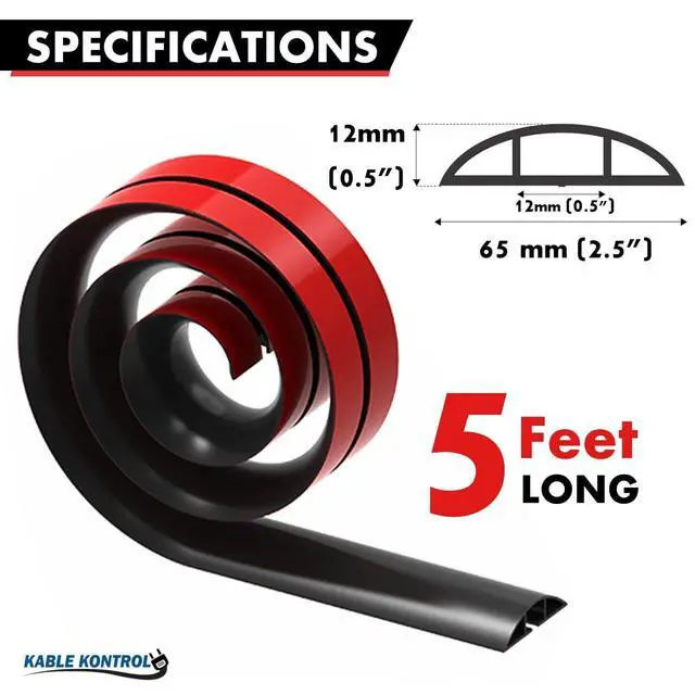 Alt view image 2 of 6 - Silicone Floor Cord Cover - 5 Ft Flexible Cord Protector, Self Adhesive, for Concealing Extension Cable, Protecting Wires, Prevents Trips 2.5in W X 0.5in H - 5 Pcs - Black