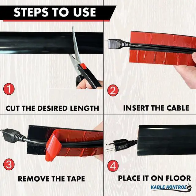 Alt view image 5 of 6 - Silicone Floor Cord Cover - 5 Ft Flexible Cord Protector, Self Adhesive, for Concealing Extension Cable, Protecting Wires, Prevents Trips 2.5in W X 0.5in H - 5 Pcs - Black
