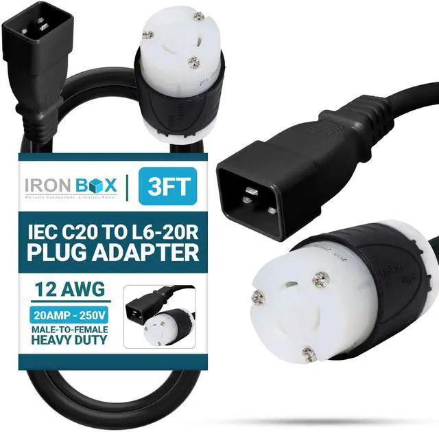 Main image of IronBox Electric - Heavy Duty IEC C20 to L6-20R Plug Adapter Power Cord - 12 AWG Jacket - Rated for 20 Amps and 250V - UL Listed Extension Cable - Ideal for Server Racks and Data Centers (3 feet)