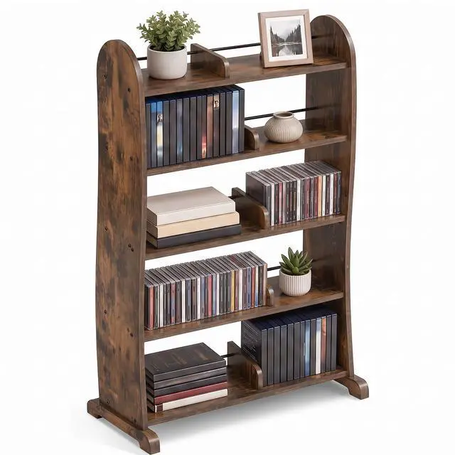 Main image of 5-Tier DVD Storage Cabinet, DVD Shelf and CD Rack, Brown | Freestanding Media Shelf With Adjustable Dividers For CDs, Blu-Ray, Video Games And Books