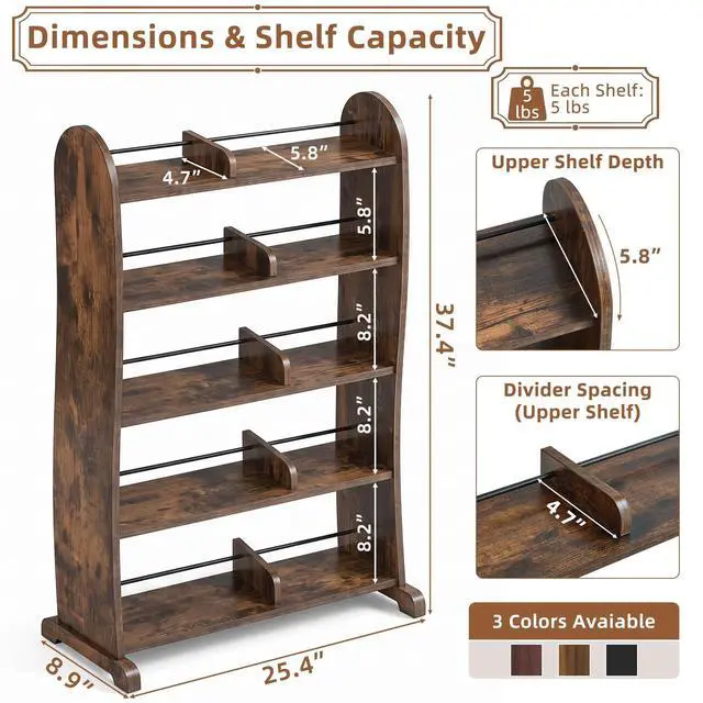 Alt view image 3 of 7 - 5-Tier DVD Storage Cabinet, DVD Shelf and CD Rack, Brown | Freestanding Media Shelf With Adjustable Dividers For CDs, Blu-Ray, Video Games And Books