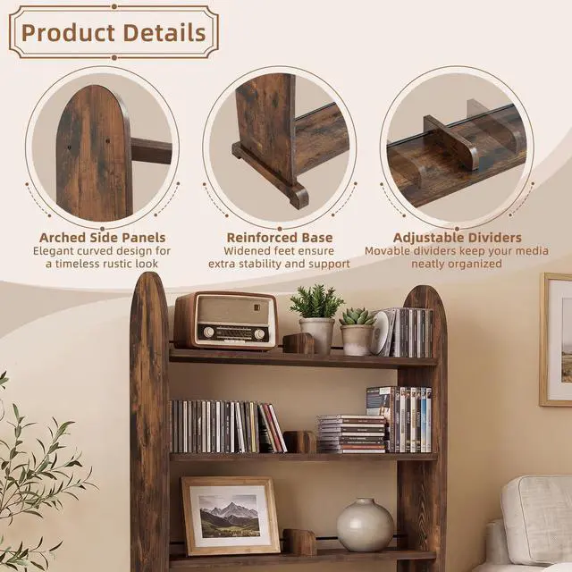 Alt view image 5 of 7 - 5-Tier DVD Storage Cabinet, DVD Shelf and CD Rack, Brown | Freestanding Media Shelf With Adjustable Dividers For CDs, Blu-Ray, Video Games And Books