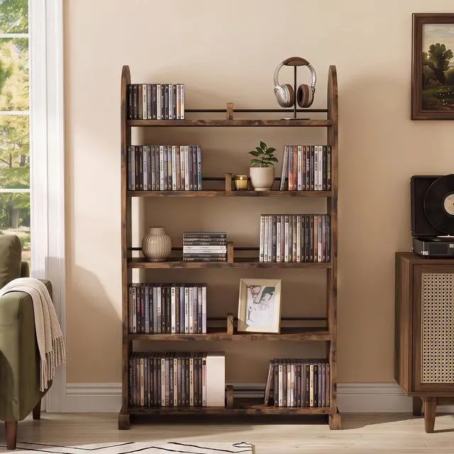 Alt view image 6 of 7 - 5-Tier DVD Storage Cabinet, DVD Shelf and CD Rack, Brown | Freestanding Media Shelf With Adjustable Dividers For CDs, Blu-Ray, Video Games And Books
