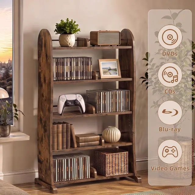 Alt view image 4 of 7 - 5-Tier DVD Storage Cabinet, DVD Shelf and CD Rack, Brown | Freestanding Media Shelf With Adjustable Dividers For CDs, Blu-Ray, Video Games And Books
