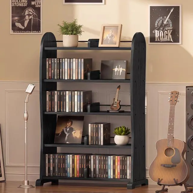 Alt view image 2 of 7 - 5-Tier DVD Storage Cabinet, DVD Shelf and CD Rack, Black | Freestanding Media Shelf With Adjustable Dividers For CDs, Blu-Ray, Video Games And Books