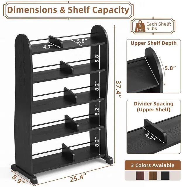 Alt view image 3 of 7 - 5-Tier DVD Storage Cabinet, DVD Shelf and CD Rack, Black | Freestanding Media Shelf With Adjustable Dividers For CDs, Blu-Ray, Video Games And Books