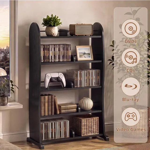 Alt view image 4 of 7 - 5-Tier DVD Storage Cabinet, DVD Shelf and CD Rack, Black | Freestanding Media Shelf With Adjustable Dividers For CDs, Blu-Ray, Video Games And Books