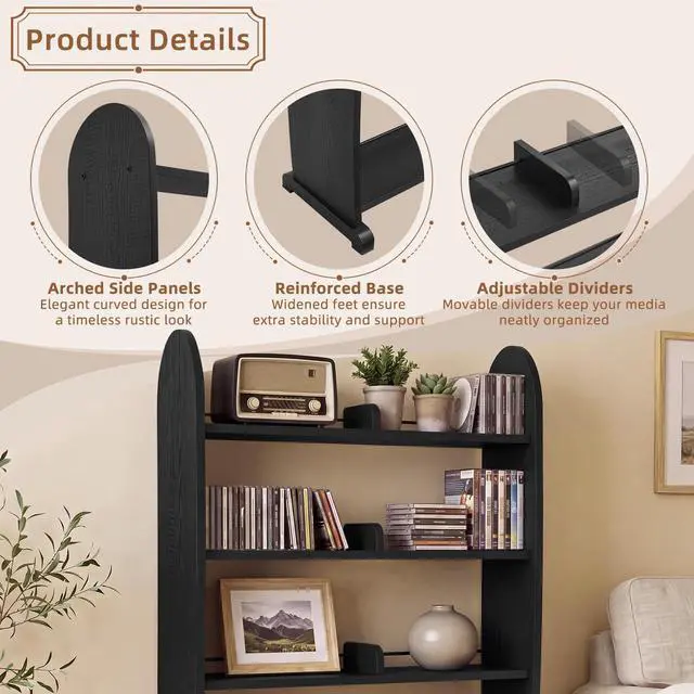 Alt view image 5 of 7 - 5-Tier DVD Storage Cabinet, DVD Shelf and CD Rack, Black | Freestanding Media Shelf With Adjustable Dividers For CDs, Blu-Ray, Video Games And Books