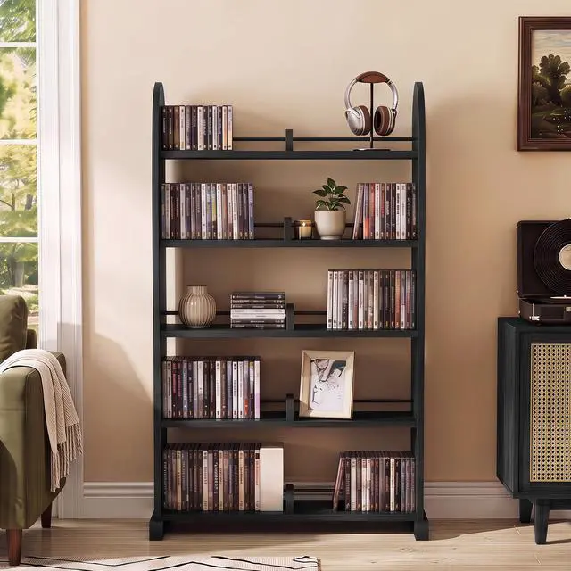 Alt view image 6 of 7 - 5-Tier DVD Storage Cabinet, DVD Shelf and CD Rack, Black | Freestanding Media Shelf With Adjustable Dividers For CDs, Blu-Ray, Video Games And Books