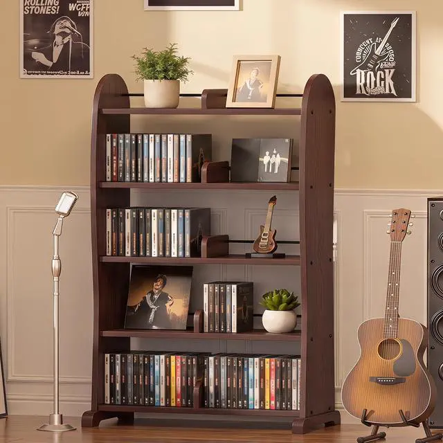 Alt view image 2 of 7 - 5-Tier DVD Storage Cabinet, DVD Shelf and CD Rack, Walnut | Freestanding Media Shelf With Adjustable Dividers For CDs, Blu-Ray,Video Games And Books