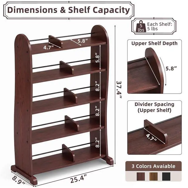 Alt view image 3 of 7 - 5-Tier DVD Storage Cabinet, DVD Shelf and CD Rack, Walnut | Freestanding Media Shelf With Adjustable Dividers For CDs, Blu-Ray,Video Games And Books