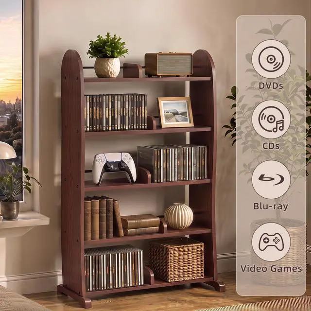 Alt view image 4 of 7 - 5-Tier DVD Storage Cabinet, DVD Shelf and CD Rack, Walnut | Freestanding Media Shelf With Adjustable Dividers For CDs, Blu-Ray,Video Games And Books