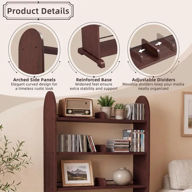 Alt view image 5 of 7 - 5-Tier DVD Storage Cabinet, DVD Shelf and CD Rack, Walnut | Freestanding Media Shelf With Adjustable Dividers For CDs, Blu-Ray,Video Games And Books