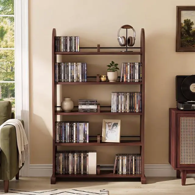 Alt view image 6 of 7 - 5-Tier DVD Storage Cabinet, DVD Shelf and CD Rack, Walnut | Freestanding Media Shelf With Adjustable Dividers For CDs, Blu-Ray,Video Games And Books