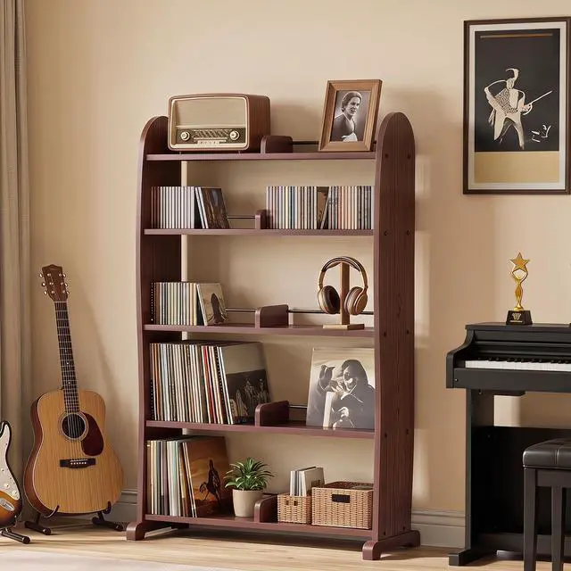 Alt view image 7 of 7 - 5-Tier DVD Storage Cabinet, DVD Shelf and CD Rack, Walnut | Freestanding Media Shelf With Adjustable Dividers For CDs, Blu-Ray,Video Games And Books