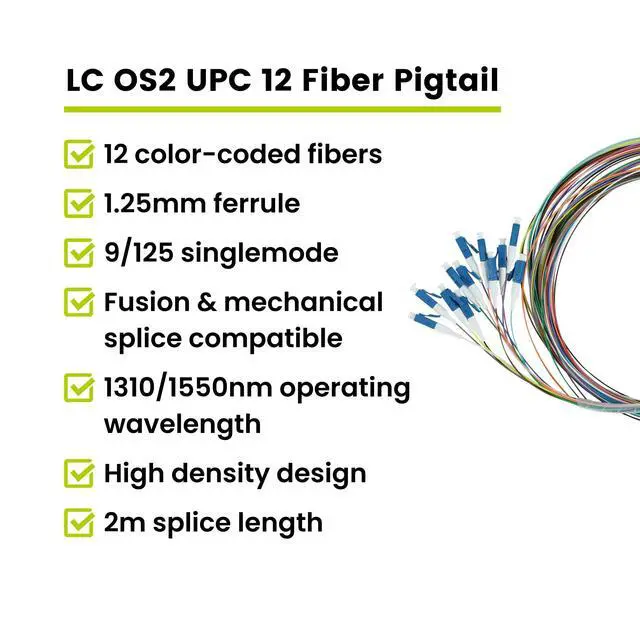 Alt view image 2 of 7 - 12 Fiber LC UPC OS2 Singlemode Fiber Optic Pigtail, 2m (6.56ft), 9/125µm Corning SMF-28 Ultra G.657.A1, 0.9mm LSZH, 12 Colors