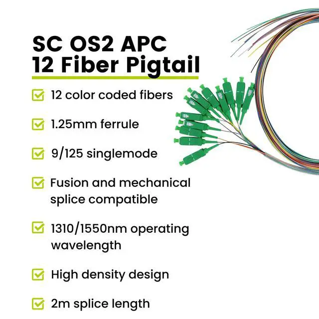 Alt view image 2 of 7 - 12 Fiber SC Angled Physical Contact OS2 Singlemode PVC (LSZH) 0.9mm, 12 Color Fiber Optic Pigtail Fusion and Mechanical Splice Singlemode 9/125 900um Tight Buffer, 2m