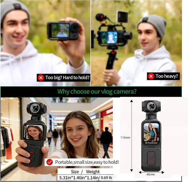 Alt view image 4 of 7 - 5K Handheld Vlogging Camera,Portable Pocket vlogging Camera with Image stabilization,270° auto-Rotating Wide-Angle,Rotating Touchscreen WiFi face Recognition,for Travel,YouTube,and vlogging (32gb)