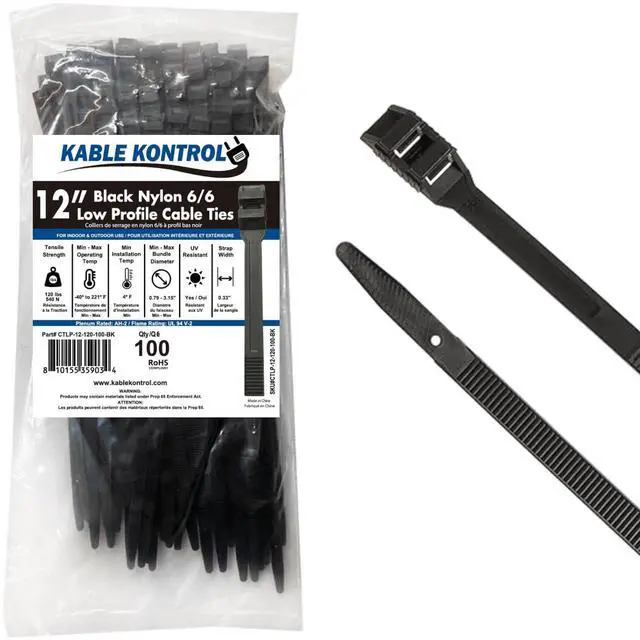 Main image of Low-Profile Cable Ties 12 Inch 100 Pcs, 120 Lbs Test Black | Double Locking Cable Ties UL Listed Inline Zip Ties - Chemical, UV & Abrasion Resistant Ties for Automotive & Medical Use