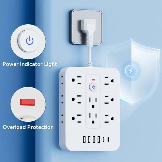 Alt view image 2 of 7 - 20-in-1 Power Strip with Overload Protection, Short Cord,5FT and 10FT, Black/White Color Options, 14 Standard US Sockets, 4 USB Ports, 2 Type-C Ports (White, Short Cable)
