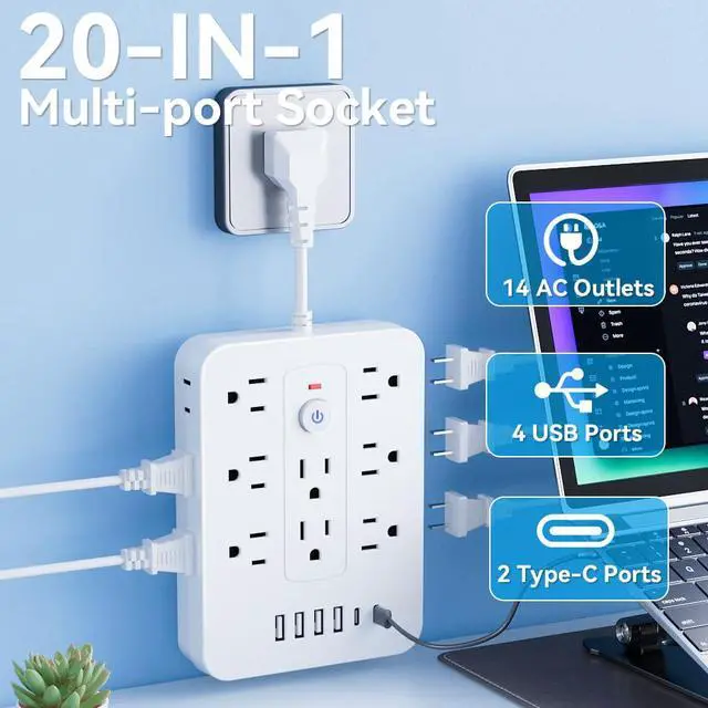 Alt view image 3 of 7 - 20-in-1 Power Strip with Overload Protection, Short Cord,5FT and 10FT, Black/White Color Options, 14 Standard US Sockets, 4 USB Ports, 2 Type-C Ports (White, Short Cable)