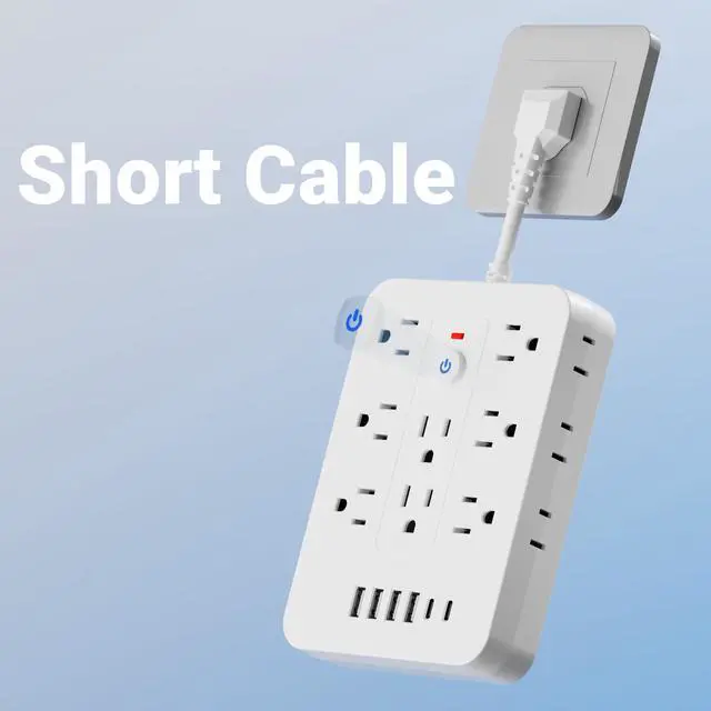 Alt view image 4 of 7 - 20-in-1 Power Strip with Overload Protection, Short Cord,5FT and 10FT, Black/White Color Options, 14 Standard US Sockets, 4 USB Ports, 2 Type-C Ports (White, Short Cable)