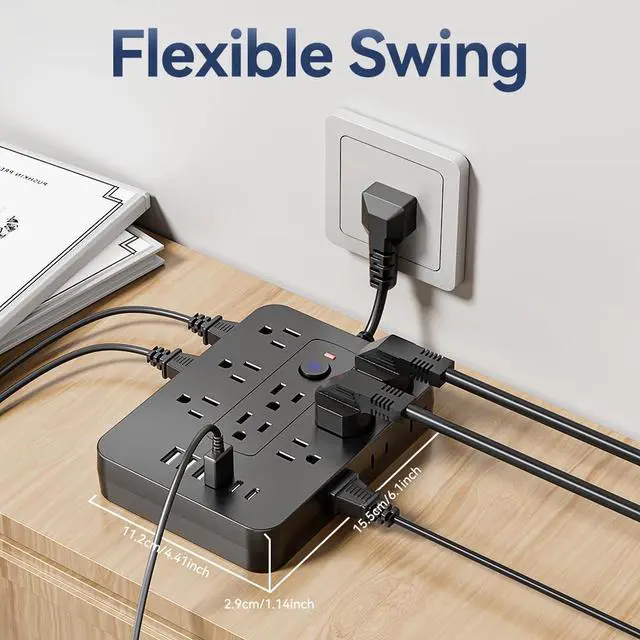 Alt view image 7 of 7 - 20-in-1 Power Strip with Overload Protection, Short Cord,5FT and 10FT, Black/White Color Options, 14 Standard US Sockets, 4 USB Ports, 2 Type-C Ports (White, Short Cable)