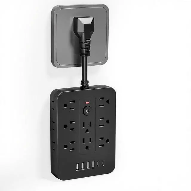 Main image of 20-in-1 Power Strip with Overload Protection, Short Cord,5FT and 10FT, Black/White Color Options, 14 Standard US Sockets, 4 USB Ports, 2 Type-C Ports (Black, Short Cable)
