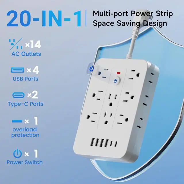 Alt view image 5 of 7 - 20-in-1 Power Strip with Overload Protection, Short Cord,5FT and 10FT, Black/White Color Options, 14 Standard US Sockets, 4 USB Ports, 2 Type-C Ports (White, Short Cable)
