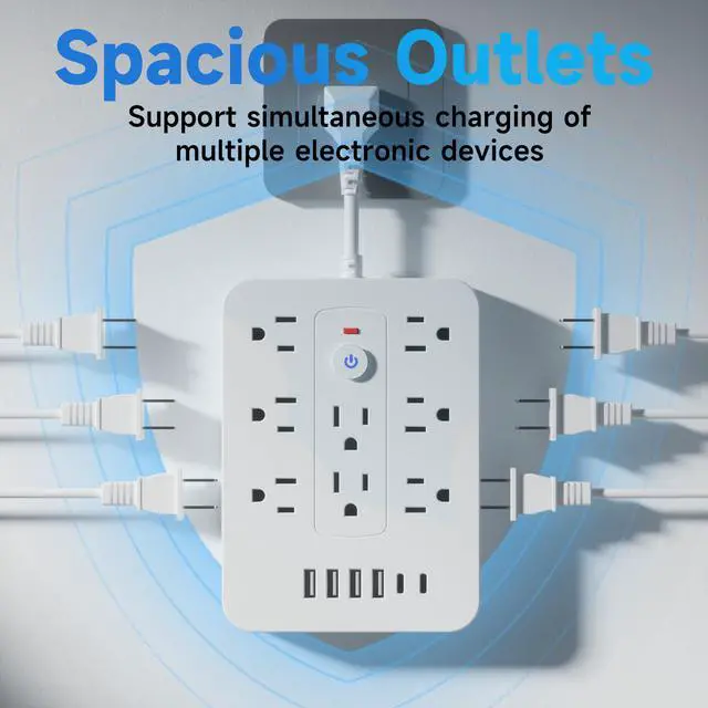 Alt view image 6 of 7 - 20-in-1 Power Strip with Overload Protection, Short Cord,5FT and 10FT, Black/White Color Options, 14 Standard US Sockets, 4 USB Ports, 2 Type-C Ports (White, Short Cable)