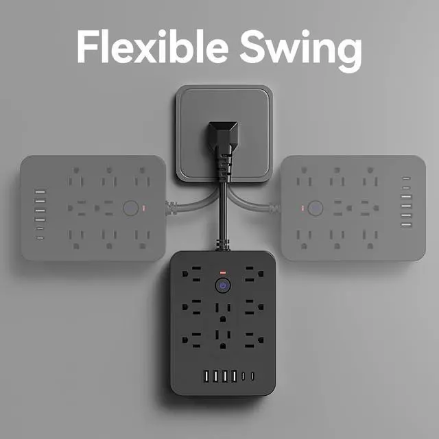 Alt view image 3 of 7 - 20-in-1 Power Strip with Overload Protection, Short Cord,5FT and 10FT, Black/White Color Options, 14 Standard US Sockets, 4 USB Ports, 2 Type-C Ports (Black, Short Cable)