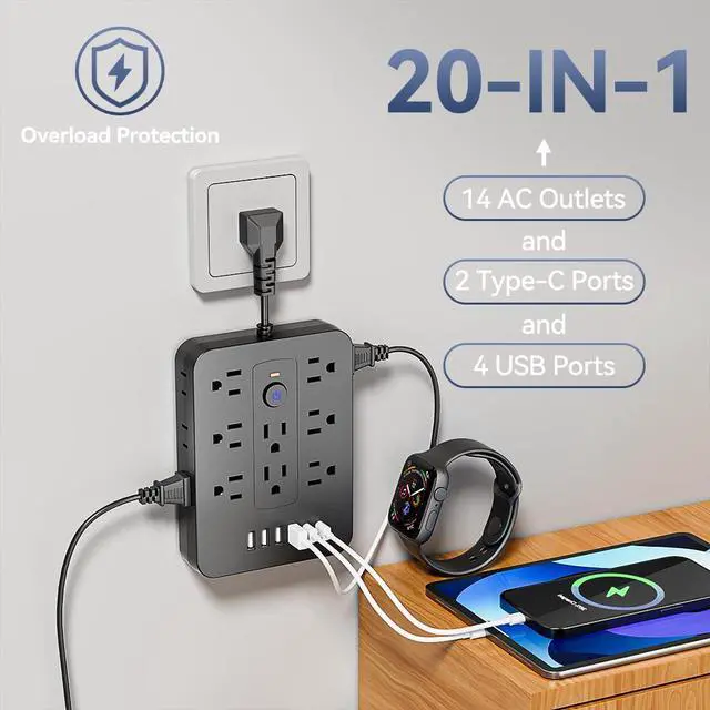 Alt view image 4 of 7 - 20-in-1 Power Strip with Overload Protection, Short Cord,5FT and 10FT, Black/White Color Options, 14 Standard US Sockets, 4 USB Ports, 2 Type-C Ports (Black, Short Cable)