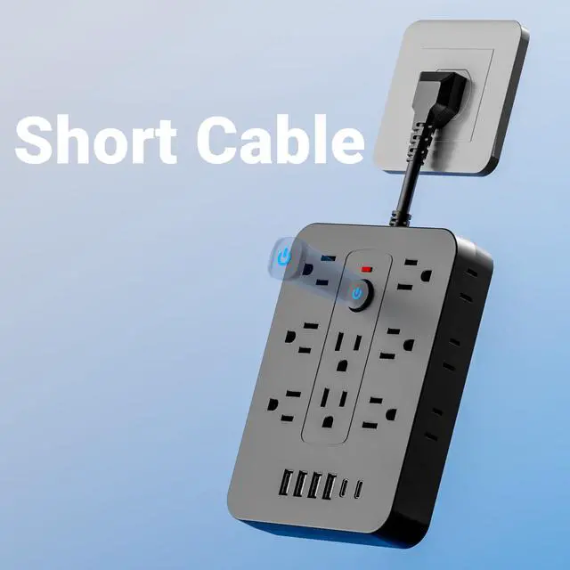 Alt view image 2 of 7 - 20-in-1 Power Strip with Overload Protection, Short Cord,5FT and 10FT, Black/White Color Options, 14 Standard US Sockets, 4 USB Ports, 2 Type-C Ports (Black, Short Cable)