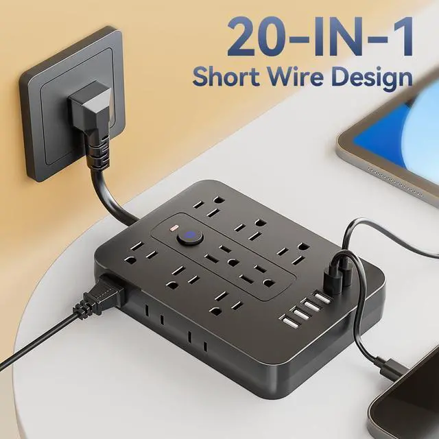 Alt view image 6 of 7 - 20-in-1 Power Strip with Overload Protection, Short Cord,5FT and 10FT, Black/White Color Options, 14 Standard US Sockets, 4 USB Ports, 2 Type-C Ports (Black, Short Cable)