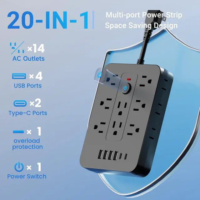 Alt view image 5 of 7 - 20-in-1 Power Strip with Overload Protection, Short Cord,5FT and 10FT, Black/White Color Options, 14 Standard US Sockets, 4 USB Ports, 2 Type-C Ports (Black, Short Cable)