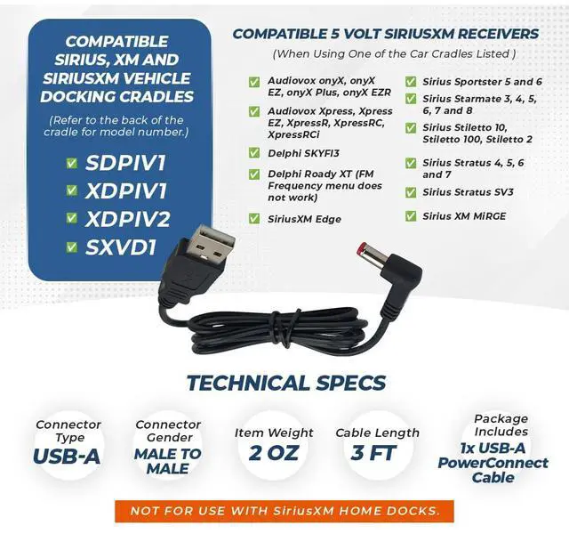 Alt view image 4 of 6 - USB-A Power Cable for SiriusXM Satellite Radio Receivers When Using PowerConnect Docking Cradles Models SDPIV1, XDPIV1, XDPIV2, SXVD1, Red Tip Connector, 3 FT Cable