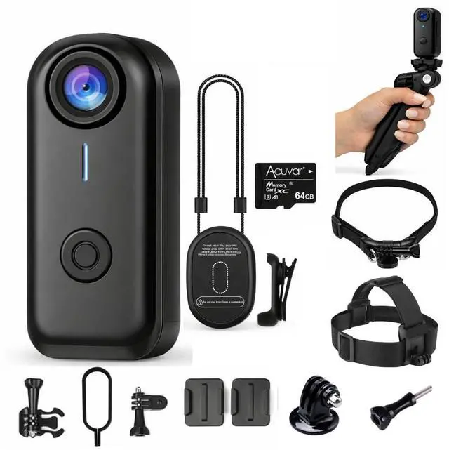 Main image of Mini Body Camera 1080P with 64GB, Wearable POV Camera Kit with Dog Collar Mount, Head Strap & Handheld Tripod, Hands-Free Body Cam for Pet Walking, Travel, Work, Action Recording (Black)