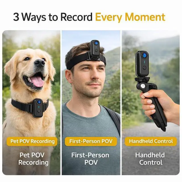 Alt view image 2 of 7 - Mini Body Camera 1080P with 64GB, Wearable POV Camera Kit with Dog Collar Mount, Head Strap & Handheld Tripod, Hands-Free Body Cam for Pet Walking, Travel, Work, Action Recording (Black)