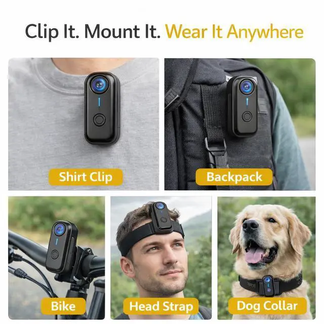 Alt view image 4 of 7 - Mini Body Camera 1080P with 64GB, Wearable POV Camera Kit with Dog Collar Mount, Head Strap & Handheld Tripod, Hands-Free Body Cam for Pet Walking, Travel, Work, Action Recording (Black)