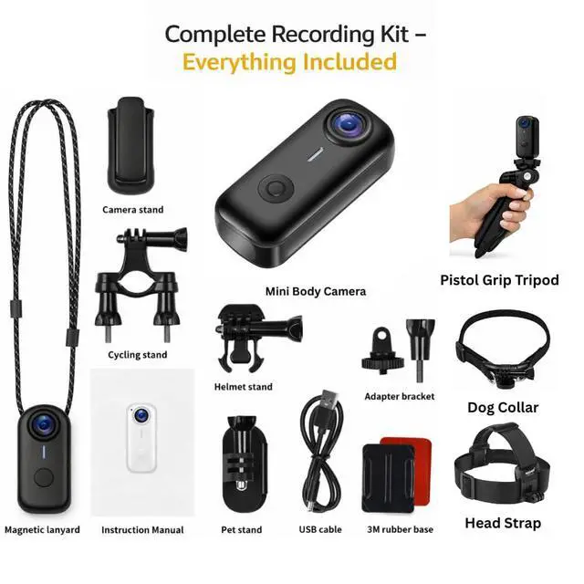 Alt view image 7 of 7 - Mini Body Camera 1080P with 64GB, Wearable POV Camera Kit with Dog Collar Mount, Head Strap & Handheld Tripod, Hands-Free Body Cam for Pet Walking, Travel, Work, Action Recording (Black)