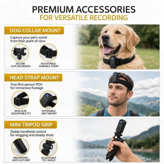 Alt view image 6 of 7 - Mini Body Camera 1080P with 64GB, Wearable POV Camera Kit with Dog Collar Mount, Head Strap & Handheld Tripod, Hands-Free Body Cam for Pet Walking, Travel, Work, Action Recording (Black)