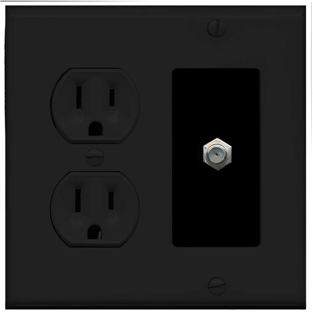 Main image of (2 Gang Decorative) 15 Amp Round Power Outlet Coax Cable TV Wall Plate - Black