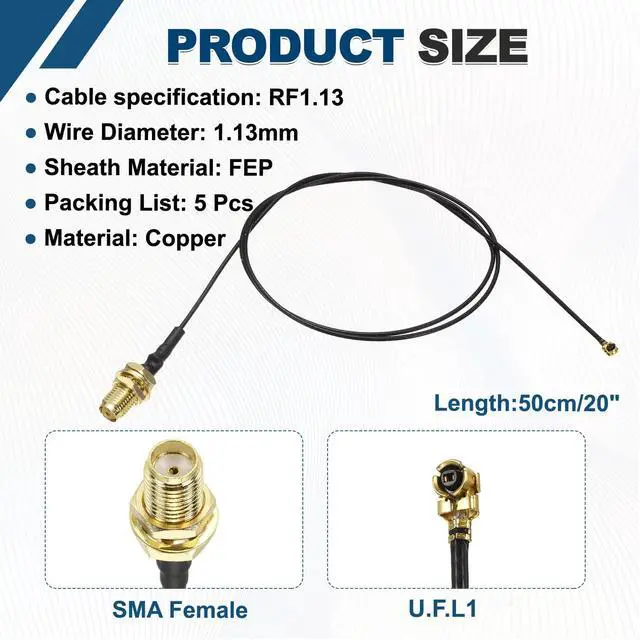 Alt view image 2 of 6 - 5 Pcs SMA Female to U.F.L1 Coax Cable, 20"/50cm SMA Female to UFL Pigtail Extension Jumper 1.13mm Low Loss Coaxial Cable for Wireless Routers Antenna