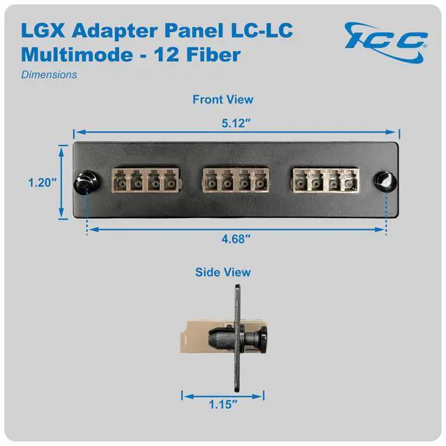Alt view image 7 of 7 - LC-LC Fiber Optic Adapter Panel, LGX Compatible, 12 Fibers, Multimode, Beige 94V-0 Adapters, Push Fasteners, Black Steel