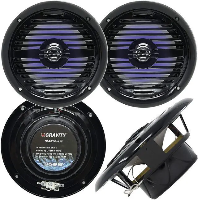 Main image of Gravity Marine Speakers - 6.5 Inch 2 Way Waterproof and Weather Resistant Outdoor Audio Stereo Sound System with LED Lights, 350 Watt Power and Low Profile Slim Style - 1 Pair - MG670 (Black)