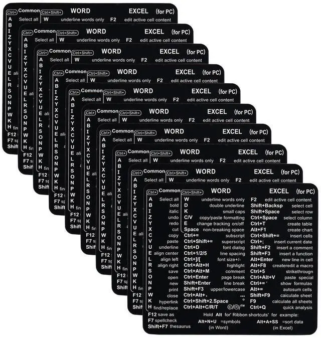 Main image of Word & Excel Shortcut Stickers for Keyboard Microsoft Office Hotkey Labels, Laptop & Desktop Keyboard Shortcuts, Compatible with Windows, Study & Work Productivity Reference Guide (10, Black)